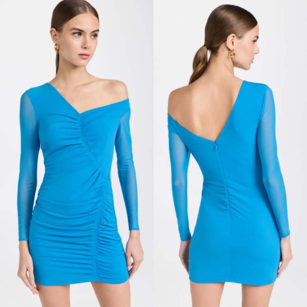 Self-Portrait Blue One Shoulder Ruched Mini Dress Long Sleeve Size 4 Preowned